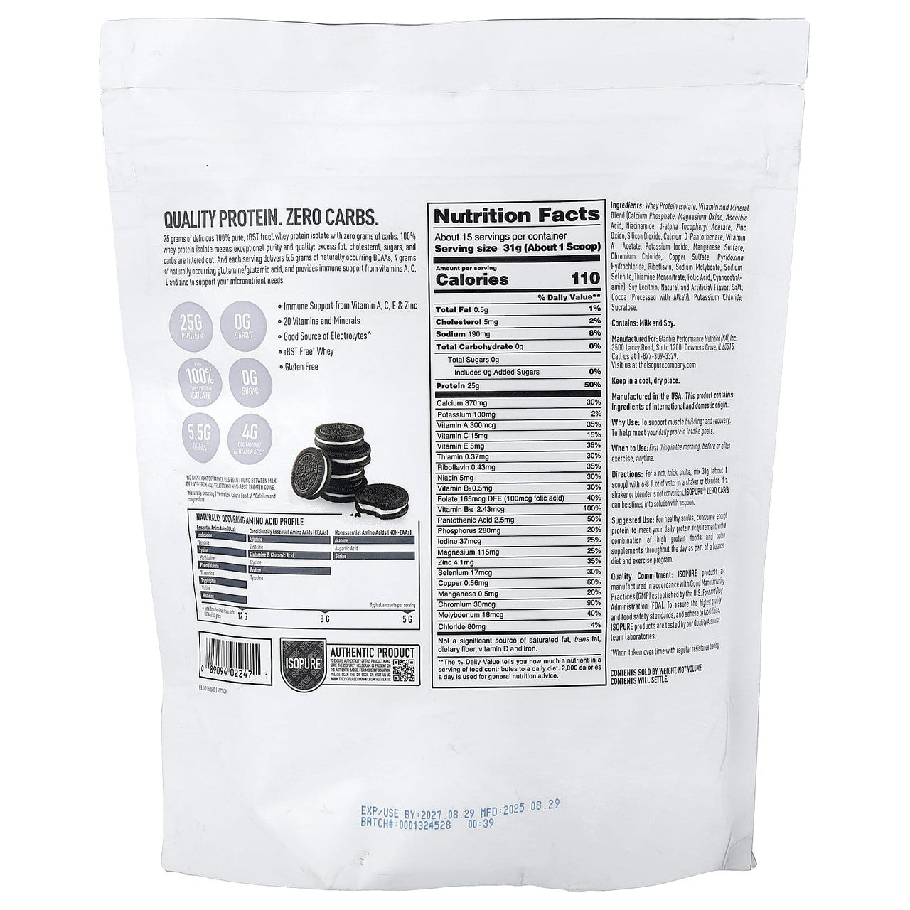 Nb Isopure Zero Carb 1 lb 480 Grs Cookies Cream