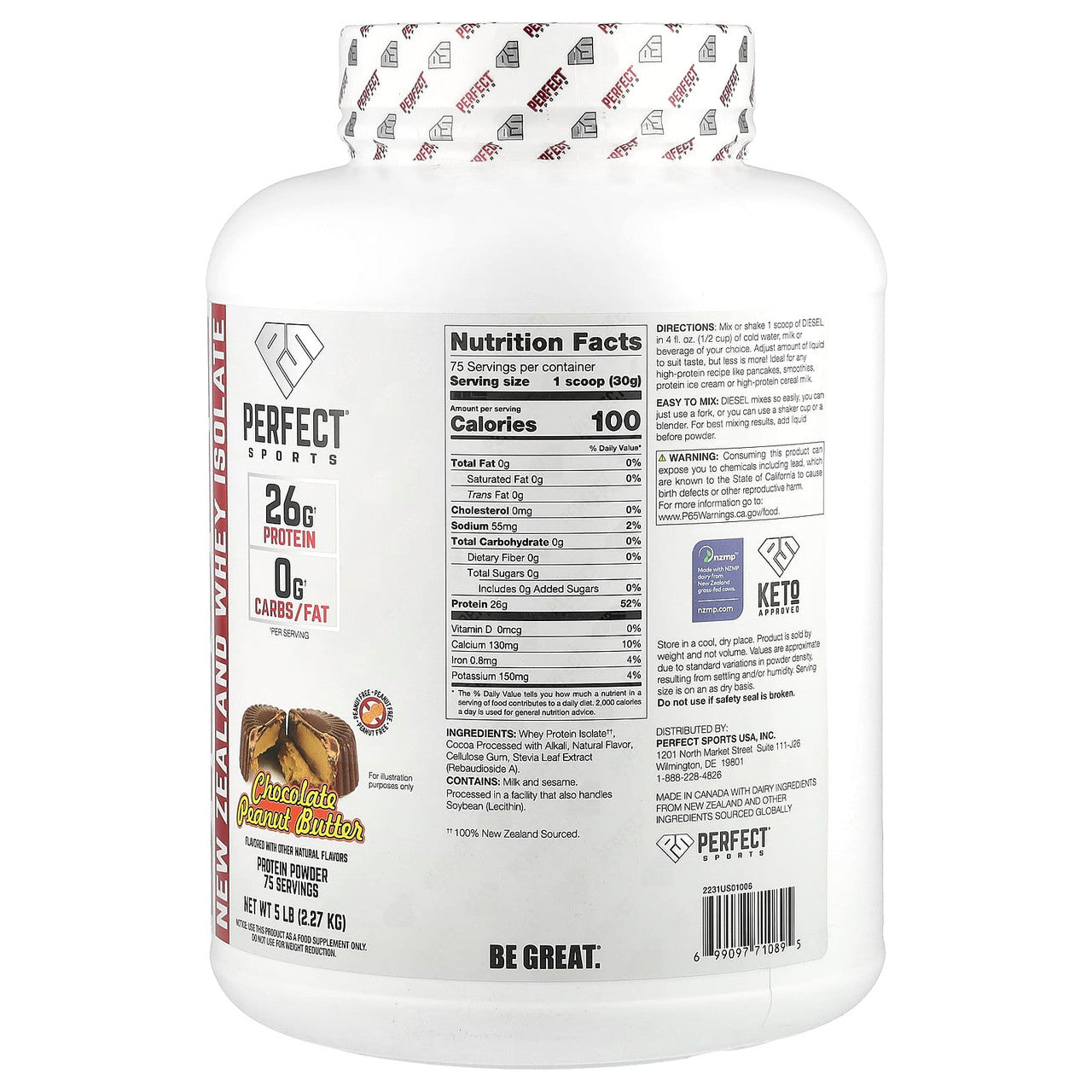 Perfect Sports Diesel 100 New Zealand Whey Aislado 5Lb Chocolate Peanut Butter