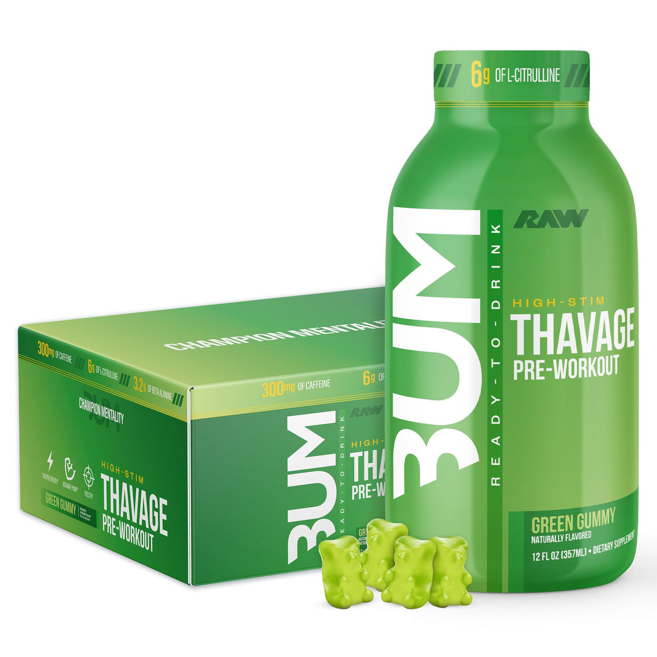Raw Cbum Drink 12 Onzas 12 Paquete Pre - Entreno Thavage Lista para Beber Green Gummy