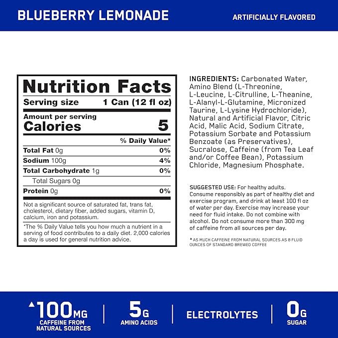 Optimum Nutrition Amino Energy 355 ml 12 Paquete Blueberry Lemonade Electrolitos