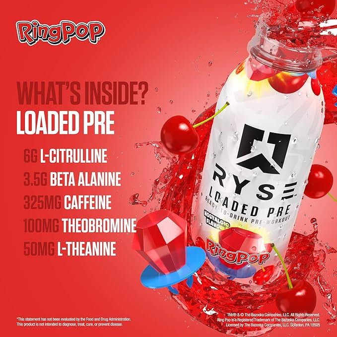 Ryse Loaded Pre-Entreno Lista para Beber 12 Paquete Ring Pop Cherry