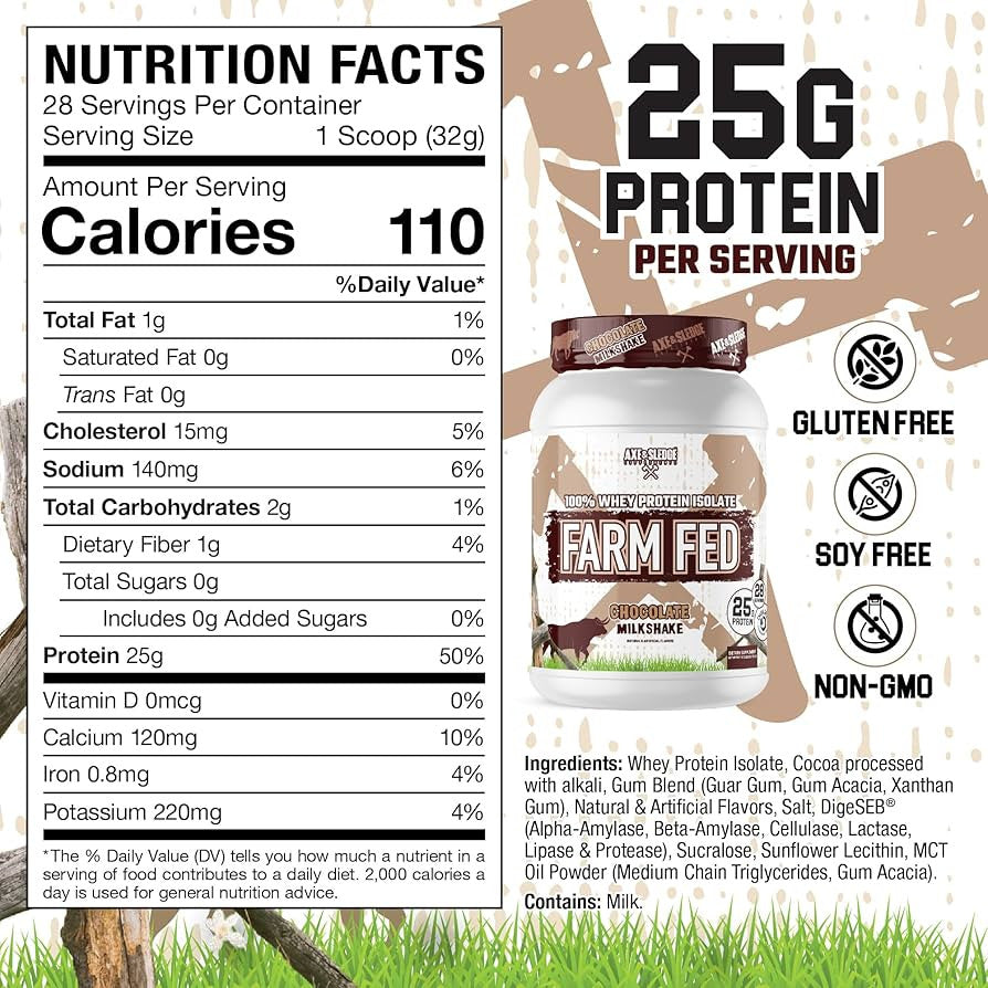 Axe y Sledgewhey Farm Fed Aislado 28 Porciones Chocolate Milkshake Paq Muestra 5
