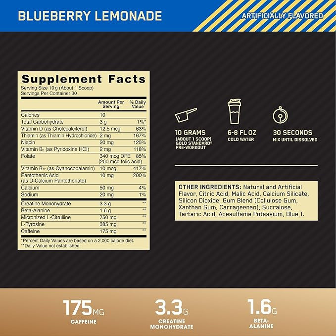 Optimum Nutrition Gold Std Pre - Entreno 30 Porciones Blueberry Lemonade