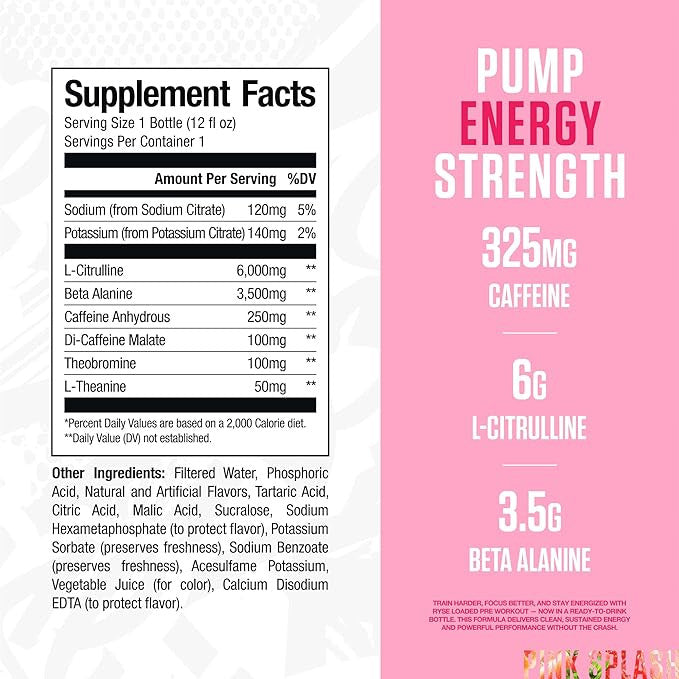 Ryse Loaded Pre-Entreno Lista para Beber 12 Paquete Pink Splash