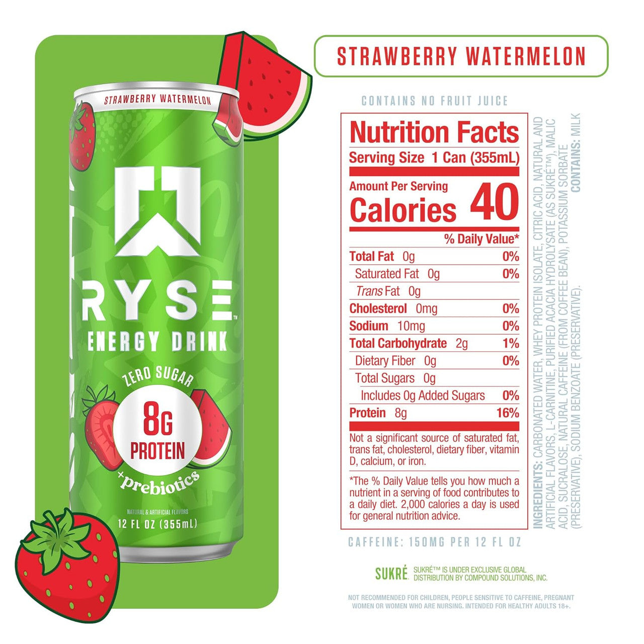 Ryse Energy Protein Drink 12 Onzas 12 Paquete Strawberry Watermelon