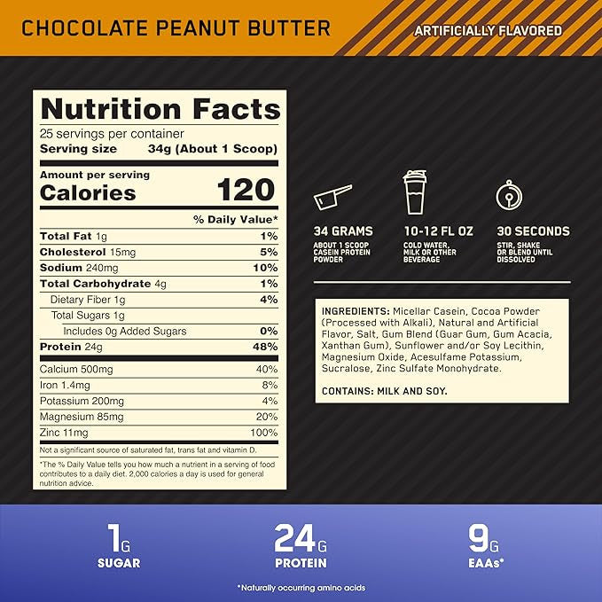 Optimum Nutrition 100 Casein Protein 4 Libras Choco Peanut Butter