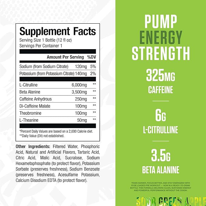 Ryse Loaded Pre-Entreno Lista para Beber 12 Paquete Sour Punch Green Apple