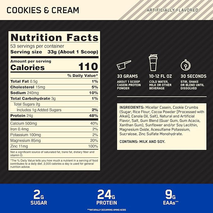 Optimum Nutrition 100 Casein Protein 4 Libras Cookies Cream