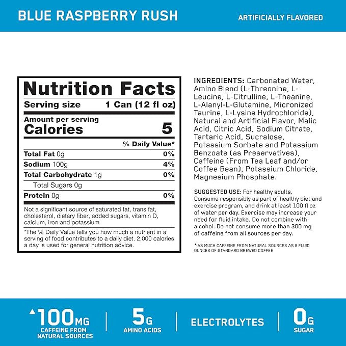 Optimum Nutrition Amino Energy 355 ml 12 Paquete Blue Raspberry Rush Electrolitos