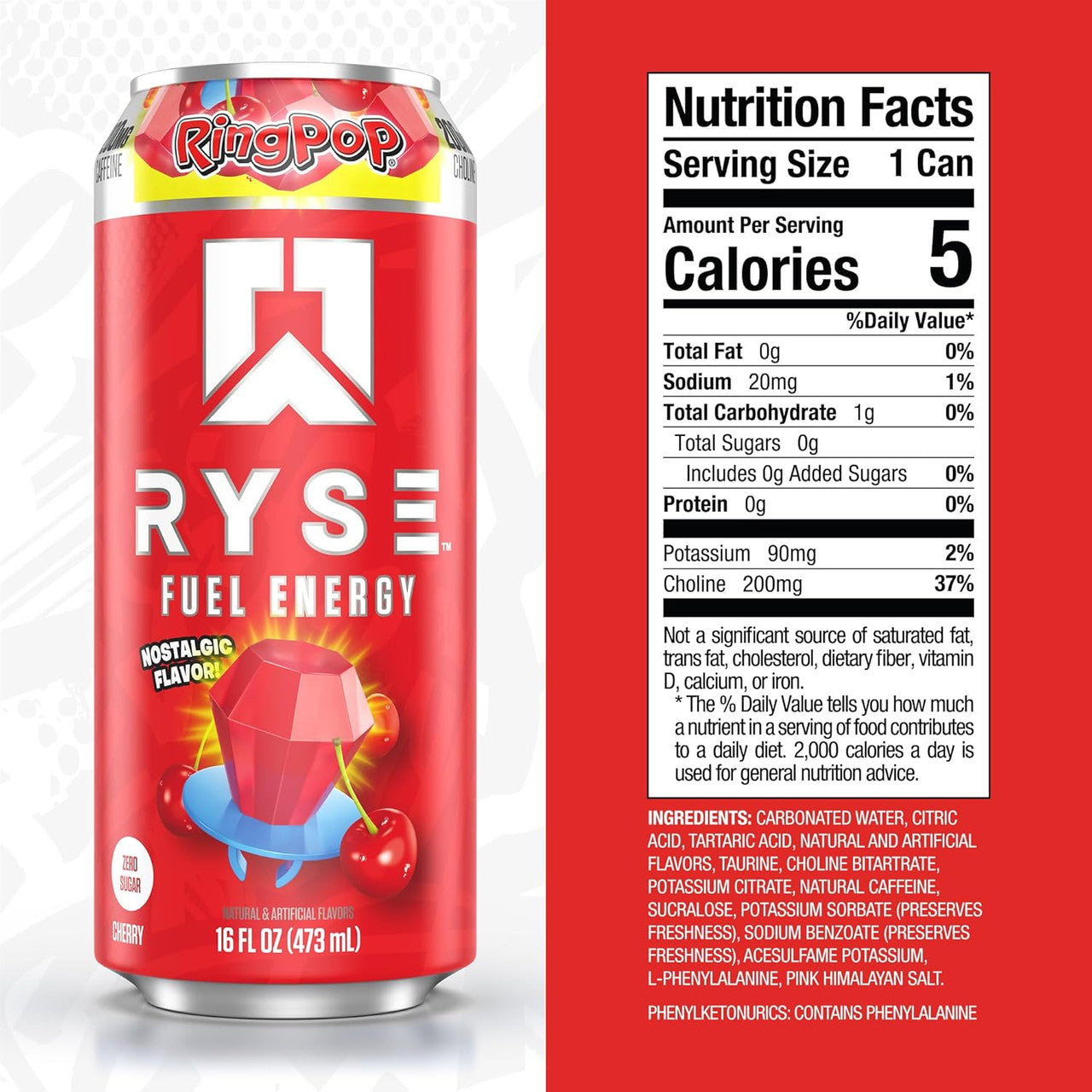 Ryse Fuel Drink 16 Onzas 12 Paquete Ring Pop Cherry