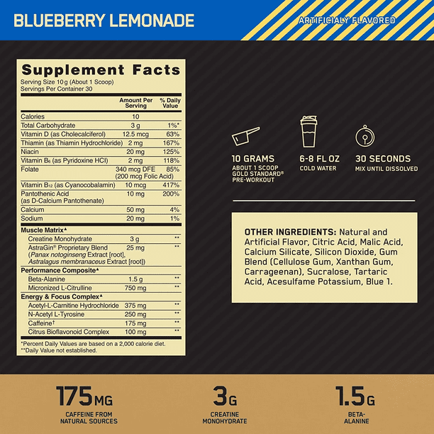 Optimum Nutrition Pre - Entreno 30 Porciones Blueberry Lemonade