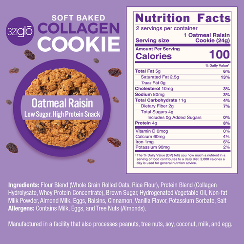 321Glo Collagen Cookie 12 Paquete Oatmeal Raisin