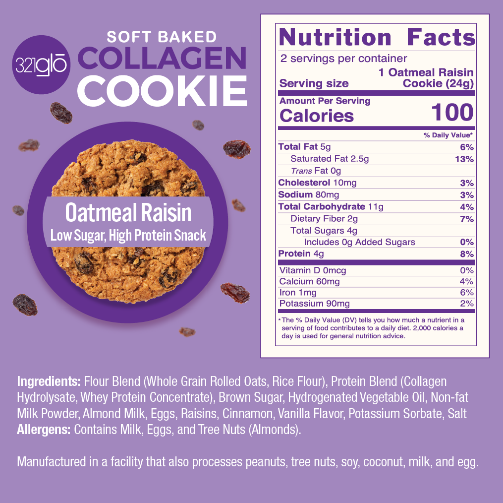 321Glo Collagen Cookie 12 Paquete Oatmeal Raisin