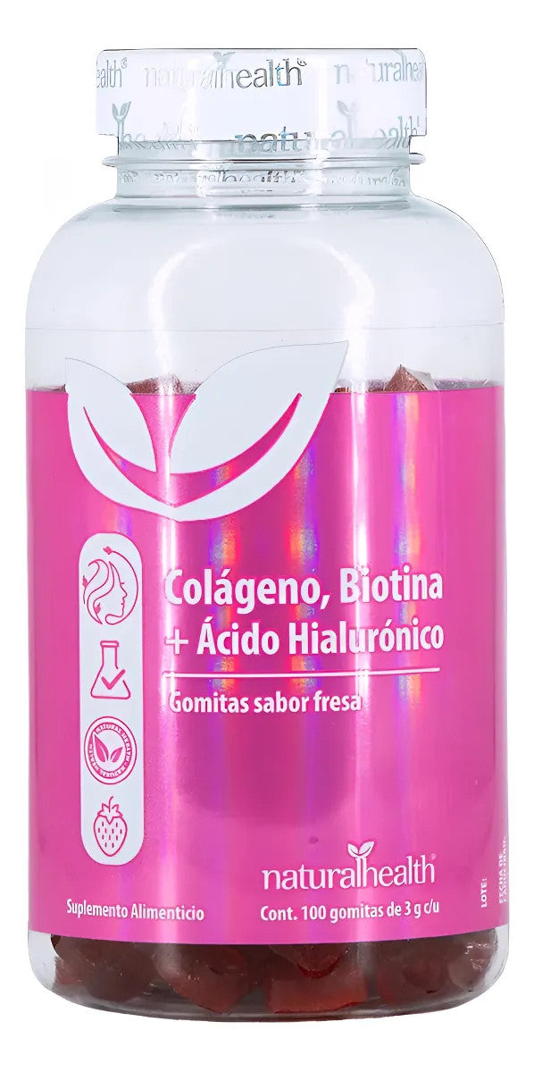 Natural Col Geno Biotina Cido Hialur Nico 100 Gomitas Sabor Fresa