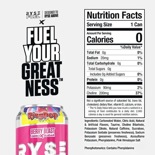 Ryse Fuel Drink 16 Onzas 12 Paquete Ring Pop Berry Blast