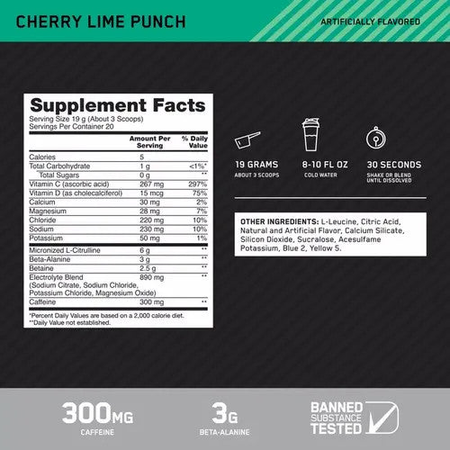 Optimum Nutrition Platinum Igniter Pre - Entreno 20 Porciones Cherry Lime Punch