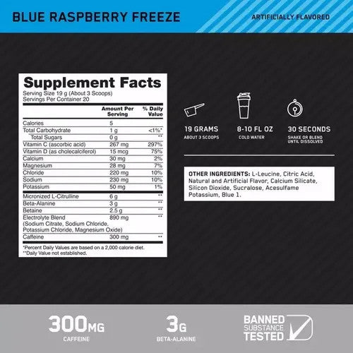 Optimum Nutrition Platinum Igniter Pre - Entreno 20 Porciones Blue Raspberry Freeze