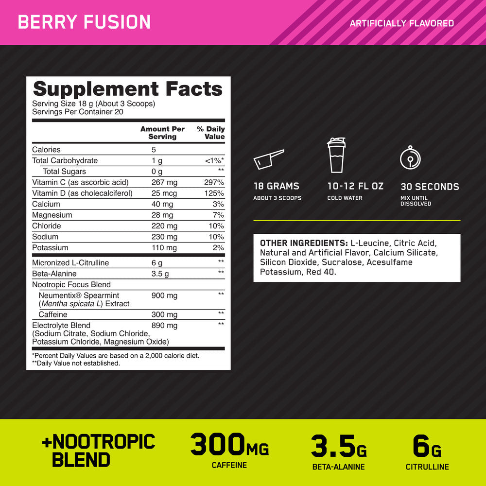 Optimum Nutrition Pre - Entreno Amped 20 Porciones Tropical Fury