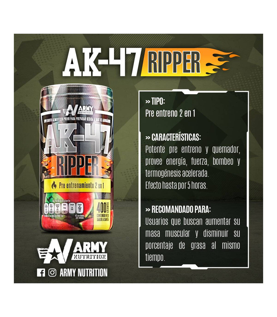Army Nutrition Ak 47 Ripped 40 Porciones Sandia
