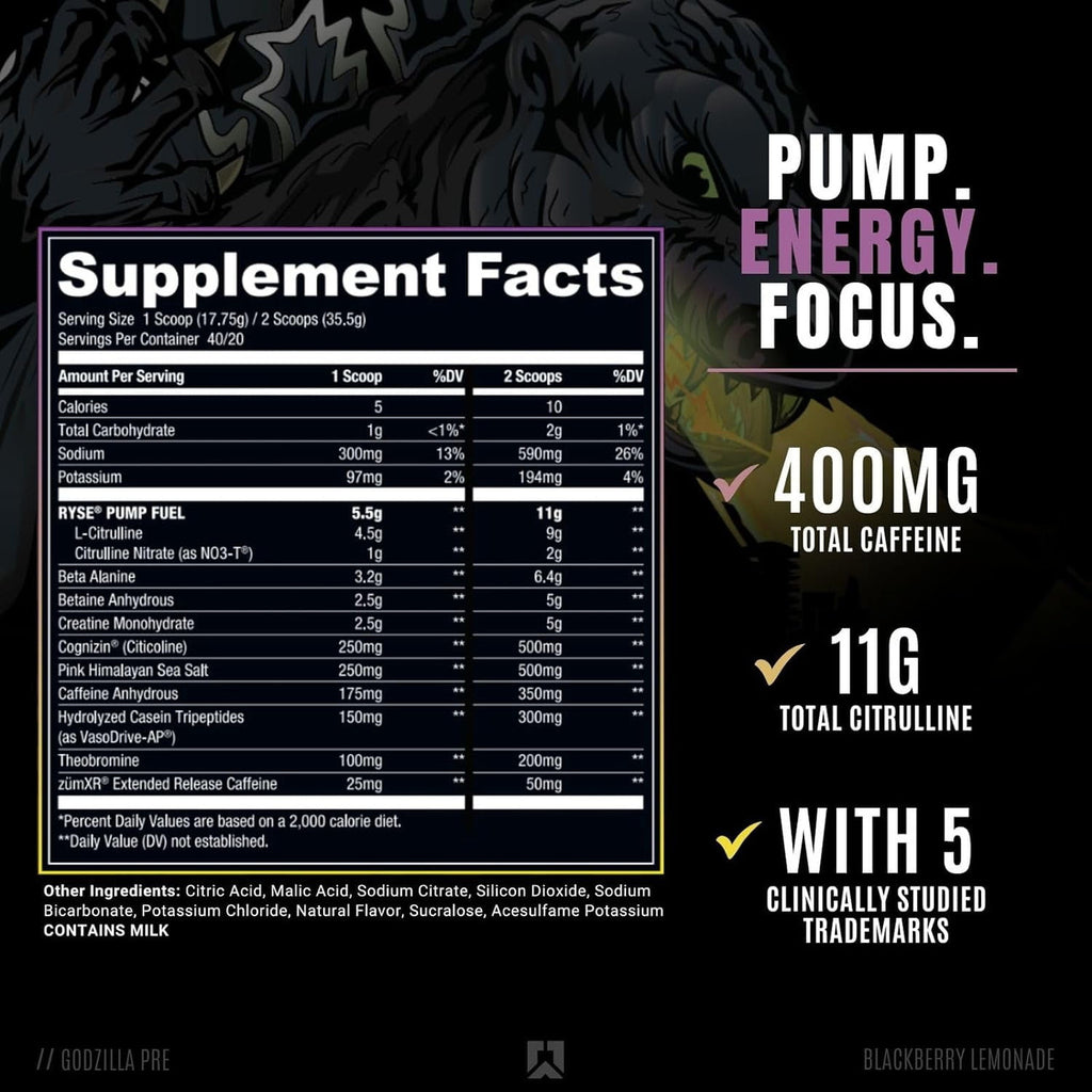 Ryse Pre - Entreno Godzilla 40 Porciones Blackberry Lemonade