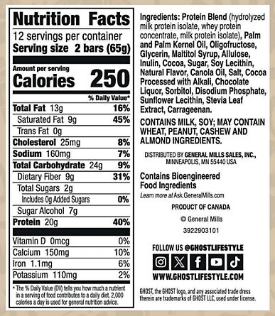 Ghost Protein Bars 12 Bars Chocolate Chip Cookie
